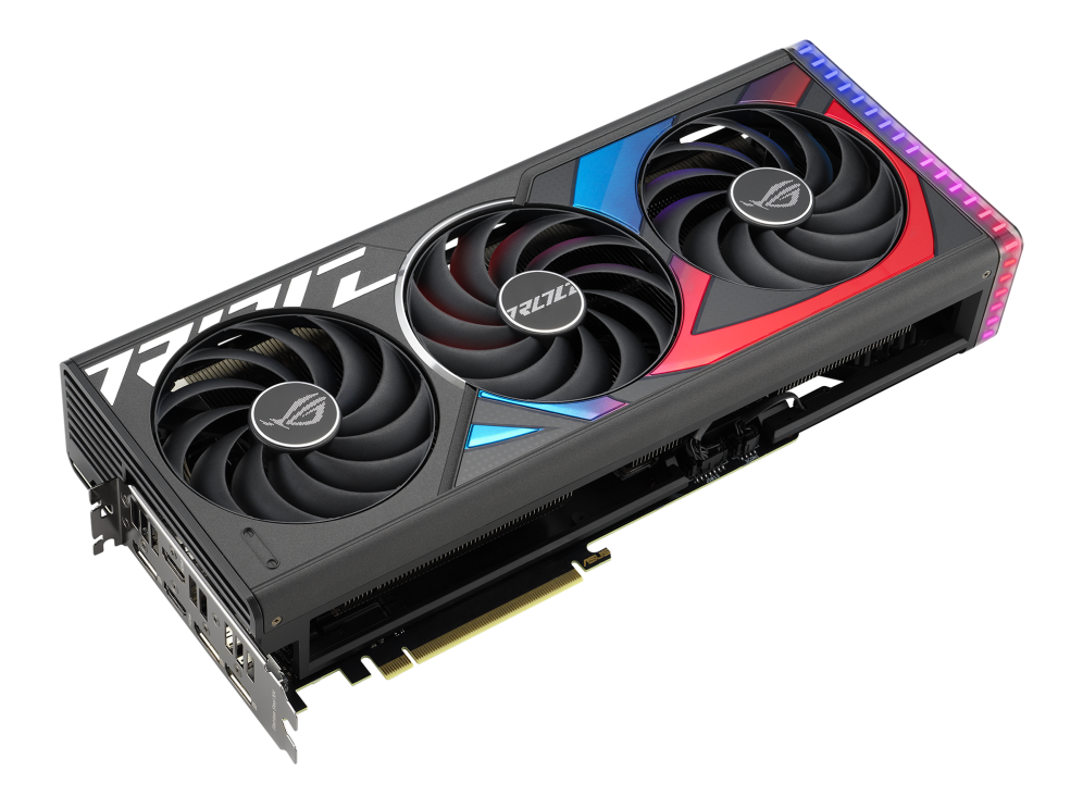 ROG Strix GeForce RTX 4070TI graphics card, front angled view