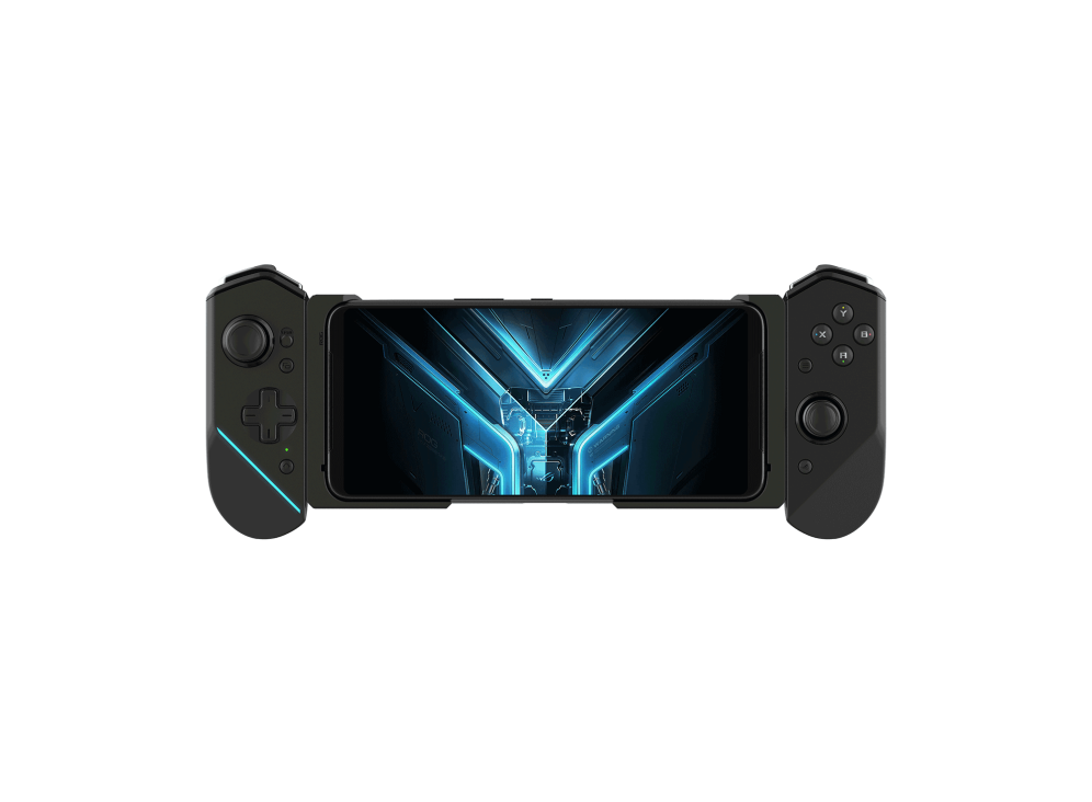 ROG Kunai 3 Gamepad with a ROG Phone 6 angled view from front in Handheld Mode