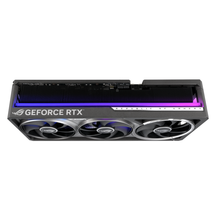 ROG Astral GeForce RTX™ 5090 32GB GDDR7 OC Edition_angled top down view showing slot design+lighting