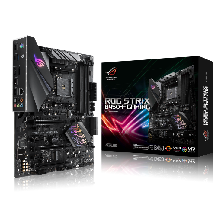 ROG STRIX B450-F GAMING angled view from left with the box