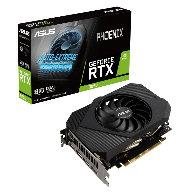 ASUS Phoenix GeForce RTX 3050 8GB GDDR6 packaging and graphics card