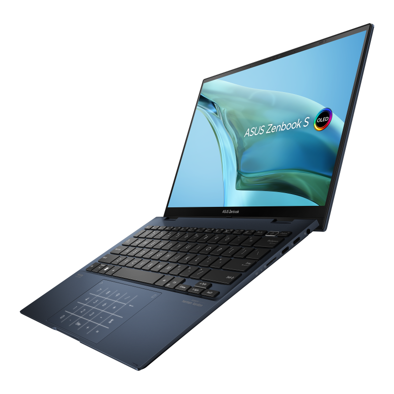 Zenbook S 13 Flip OLED (UP5302, 12th Gen Intel) is wide opened and viewed from the right side. 