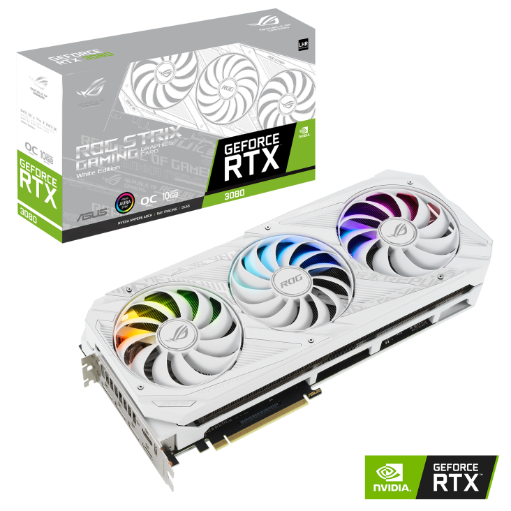 ROG-STRIX-RTX3080-O10G-WHITE-V2 graphics card, front view with NVIDIA logo