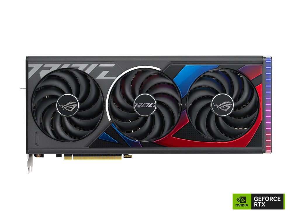 ROG Strix GeForce RTX 4070TI graphics card, front angled view