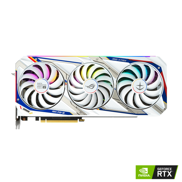 ROG-STRIX-GeForce-RTX-3090-GUNDAM-EDITION graphics card, front view with NVIDIA logo