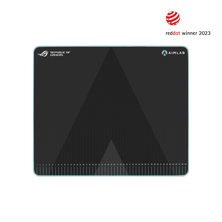 The top view of the ROG Hone Ace Aim Lab Edition mouse pad with the 2023 Reddot award icon on the top right corner.