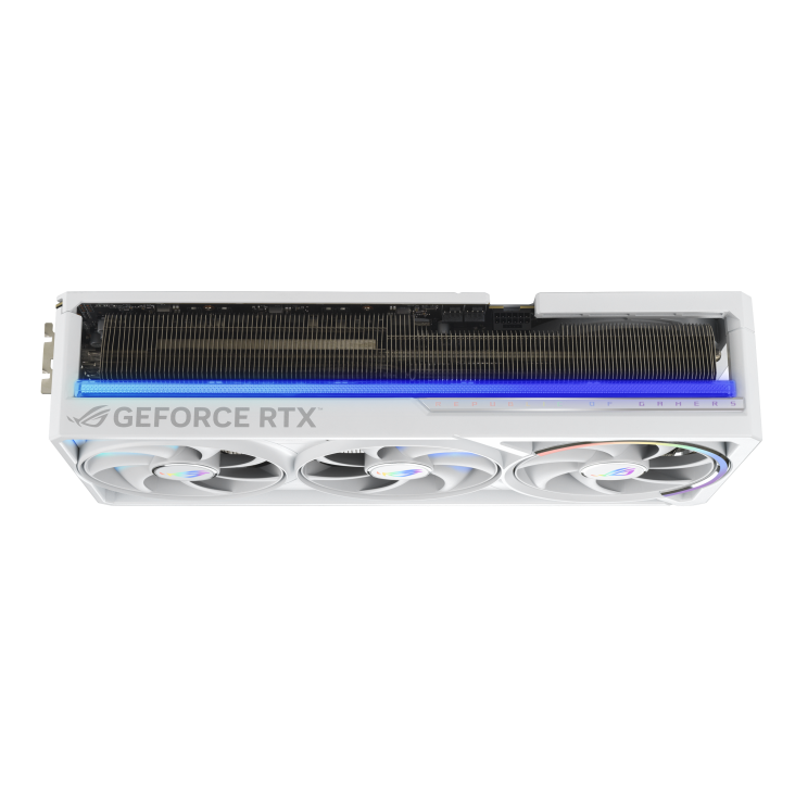 07_ROG-Astral-RTX5090-White_angled top down view showing slot design+lighting