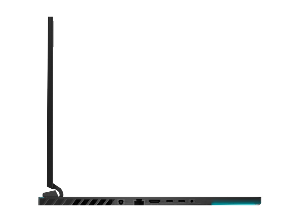 2023 ROG SCAR 18 Profile view of the left side of the Strix SCAR 18, with DC power, HDMI, ethernet, two USB C ports, and a headphone jack visible