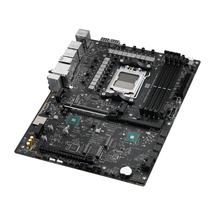 ROG STRIX X870E-H GAMING WIFI7 without shields or heatsinks, top-down view, 45 degrees