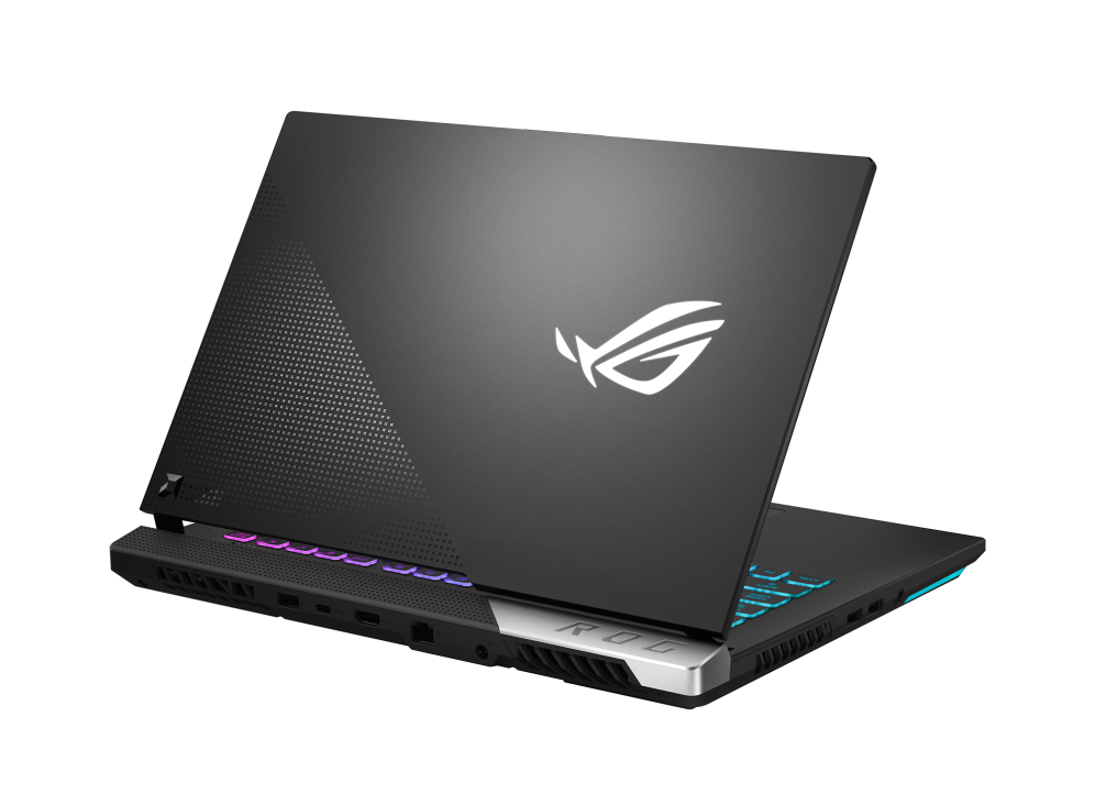 Off center rear view of the ROG Strix G15 Advantage Edition, with the lid raised to 45 degrees.