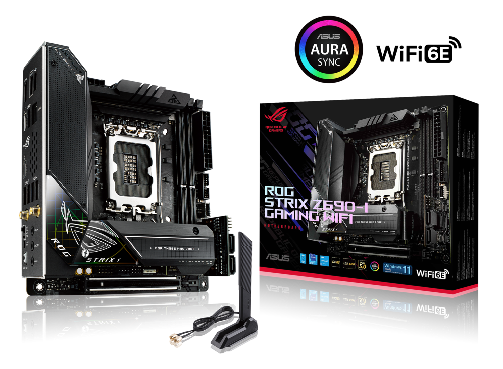 ROG STRIX Z690-I GAMING WIFI angled view from left with the box and Aura Sync