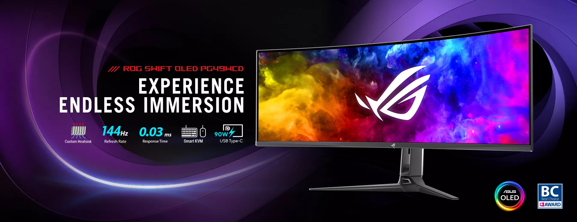 ROG Swift OLED PG49WCD gaming monitor with colorful wallpaper