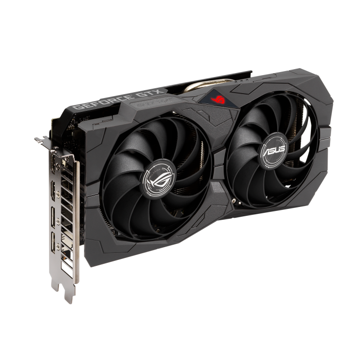 ROG-STRIX-GTX1650-O4GD6-GAMING graphics card, front angled view