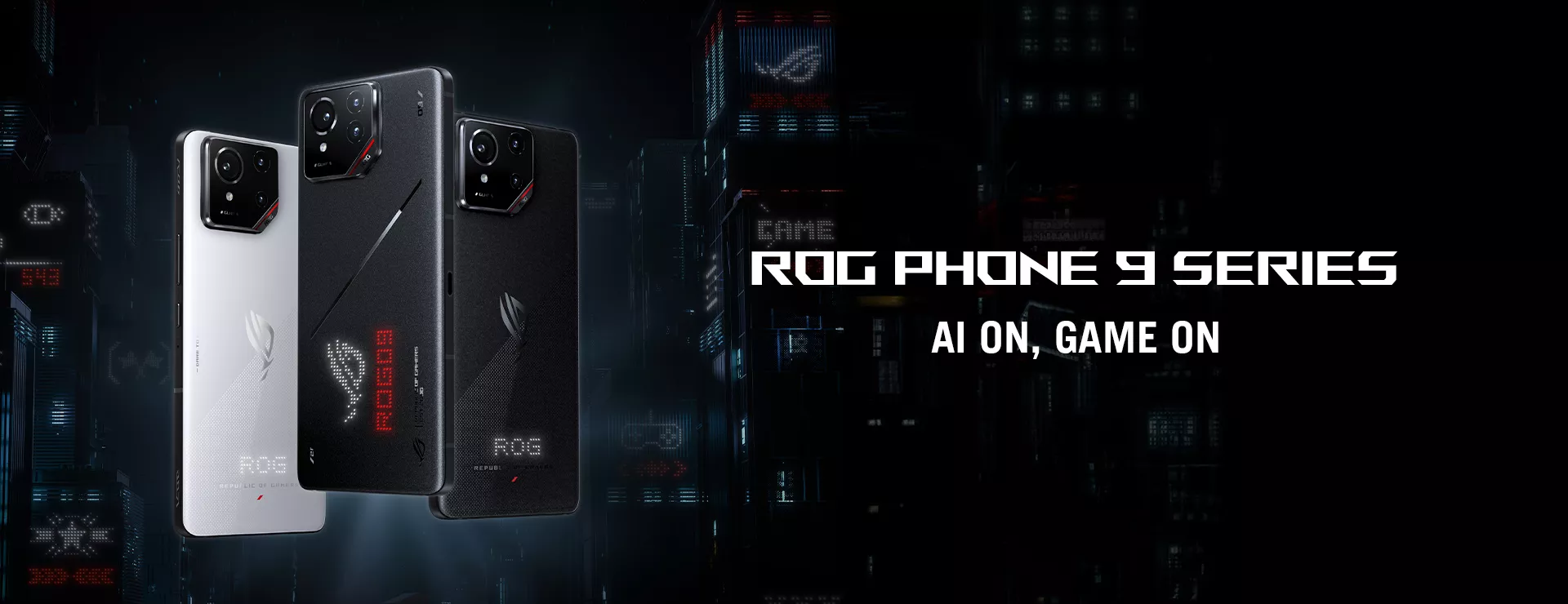 Two ROG Phone 9 Pro and one ROG Phone 9 are suspended in a cyberpunk city with digital elements.