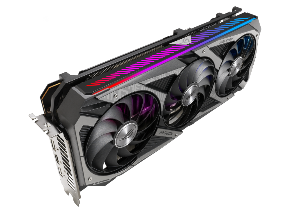 ROG Strix Radeon™ RX 6750 XT OC Edition graphics card, angled top down view, showcasing the Axial-tech fans, ARGB element