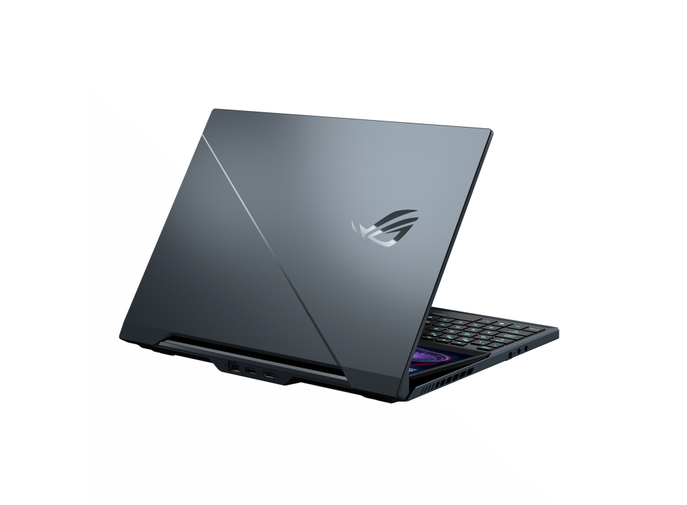 Off-center rear view of the ROG Zephyrus Duo 15 with the ROG Fearless Eye logo and slash design.