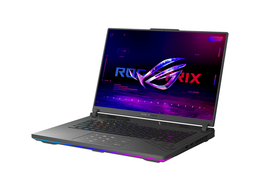2023 Strix G16 Off center shot of the front of the Strix G16, with the ROG Fearless Eye logo on screen