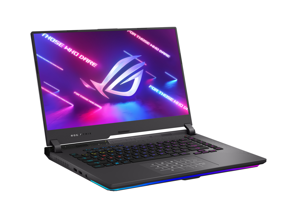 Off center front view of the Strix G15, with ROG logo on screen and RGB illuminated.