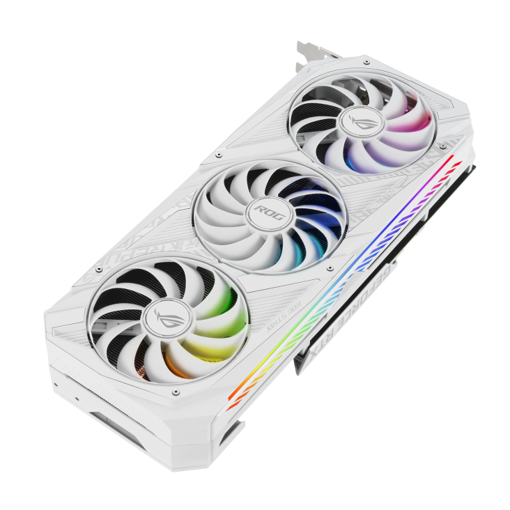 ROG-STRIX-RTX3070-O8G-WHITE-V2 graphics card, front angled view