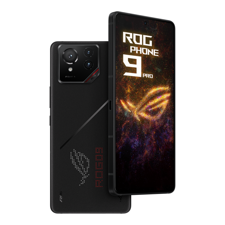 ROG Phone 9 Pro Phantom Black angled view from back and the other ROG Phone 9 Pro Phantom Black angled view from front, tilting at 45 degrees.