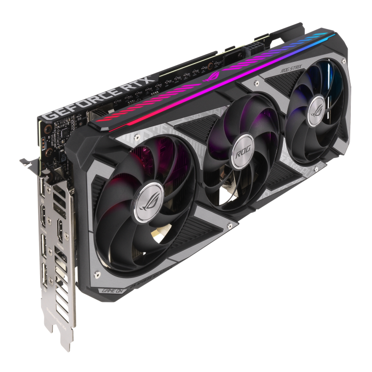 ROG-STRIX-RTX3060-12G-V2-GAMING graphics card, angled top down view, highlighting the fans, ARGB element, and I/O ports