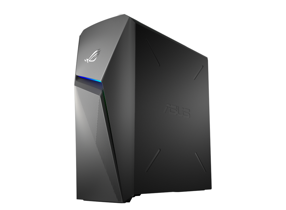 View from the right side with RGB lighting visible on front and ASUS logo on the metal side panel.