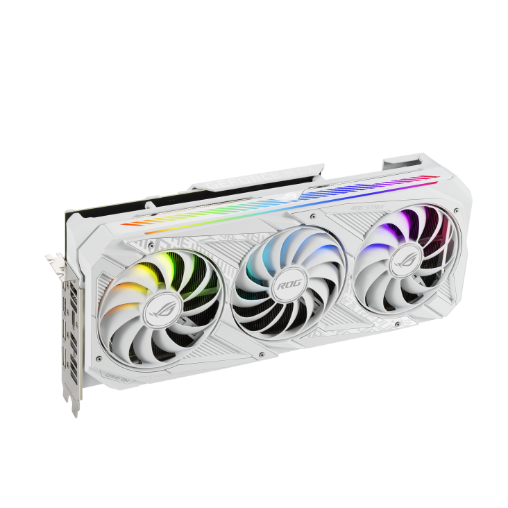 ROG-STRIX-RTX3070-8G-WHITE graphics card, angled top down view, highlighting the fans, ARGB element, and I/O ports