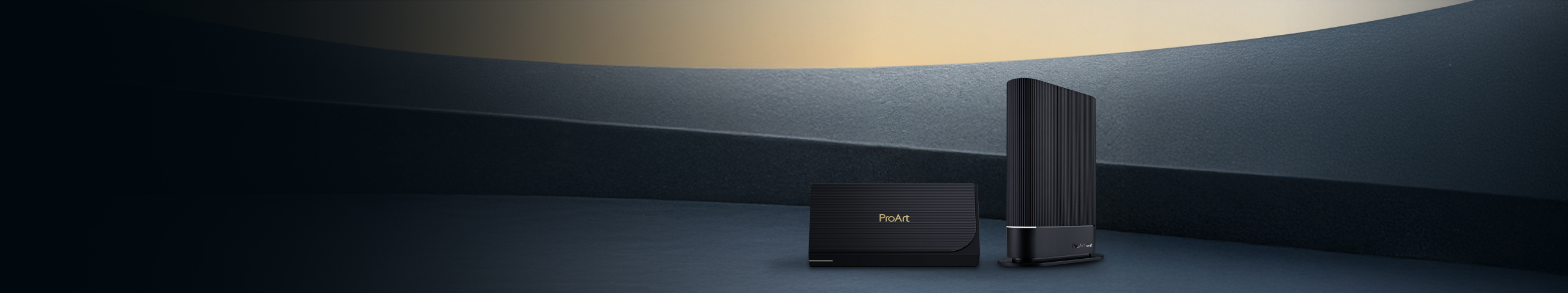 ProArt Creator Router 7 PRT-BE59 and ProArt Creator Switch 10S PQG-U1080 are displayed side by side against a gradient background.