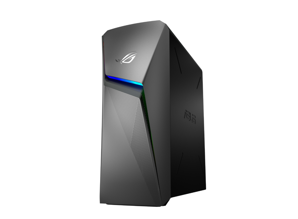 Off center front view of the G10CE, with RGB lighting visible on the front and the ROG logo on the metal side panel.