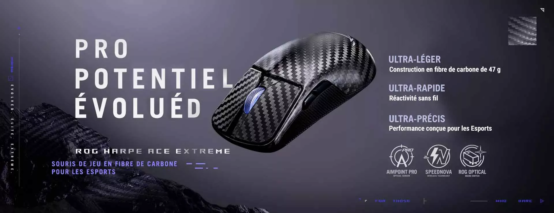 The ROG Harpe Ace Extreme floating above a grey mountainous terrain with a metallic texture