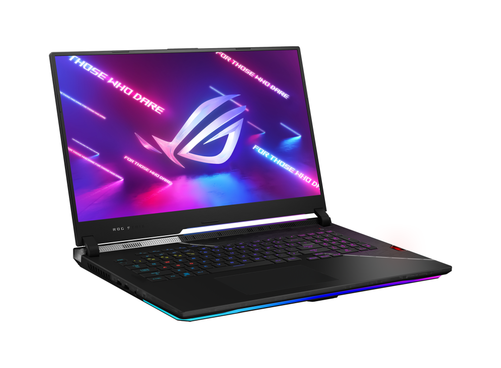 Off center front view of the Strix SCAR 17, with the keyboard illuminated and the ROG logo on screen.