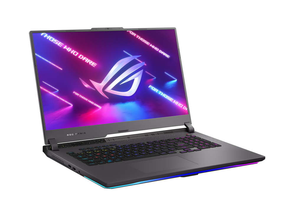 Off centered shot of the front side of the Strix G17 with ROG Fearless Eye logo on screen