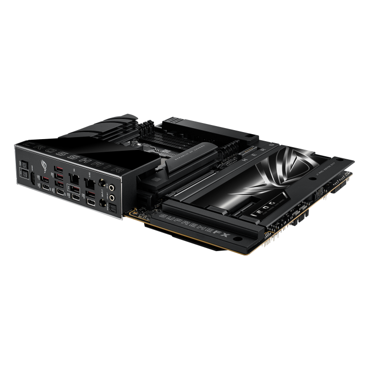 ROG CROSSHAIR X870E HERO BTF top and angled rear view on the left side with I/O Port