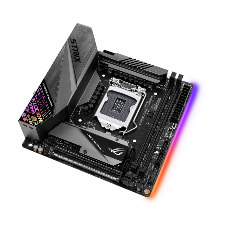 ROG STRIX Z390-I GAMING top and angled view from right