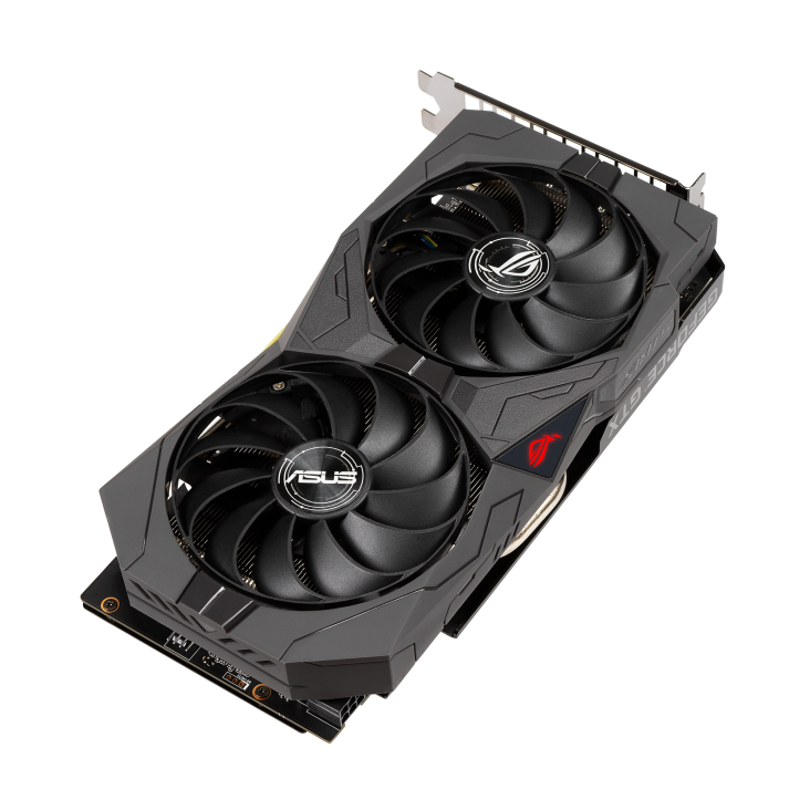 ROG-STRIX-GTX1650-O4GD6-GAMING graphics card, front angled view
