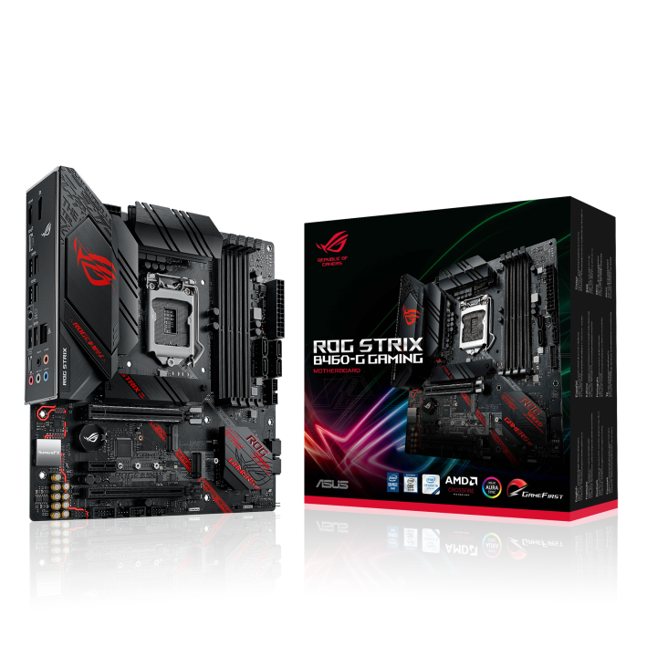 ROG STRIX B460-G GAMING angled view from left with the box