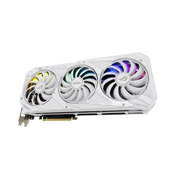 ROG-STRIX-RTX3080-10G-WHITE graphics card, front angled view