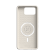 Inner view of the grey phone case angled 45 degrees to the left, featuring a textured pattern and a white circular magnetic ring design.