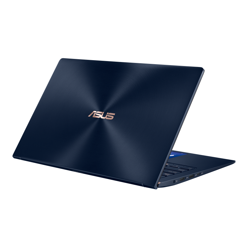 ASUS ZenBook 13 UX334 ROYAL BLUE open in 45-degree and view from the back. 