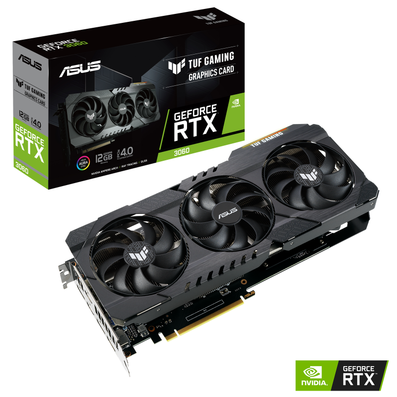 TUF Gaming GeForce RTX 3060 Packaging and graphics card with NVIDIA logo