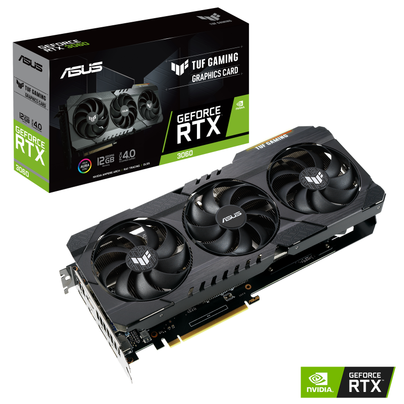 TUF Gaming GeForce RTX 3060 V2 Packaging and graphics card with NVIDIA logo