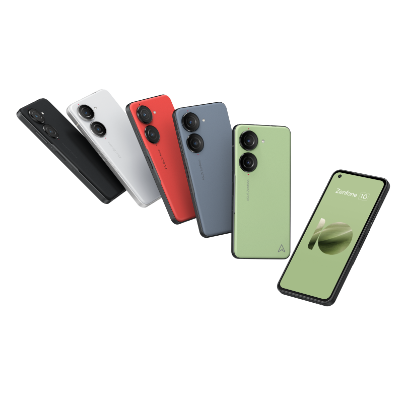 Zenfone 10 group photo with 5 colors standing side by side from left to right- midnight black, starry blue, aurora green, eclipse red, comet white