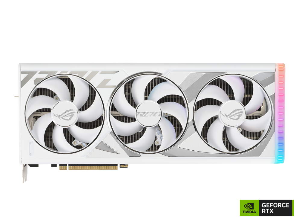 Front side of the ROG Strix GeForce RTX 4080 White edition graphics card with NV logo
