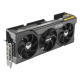 TUF Gaming AMD Radeon RX 7900 XT OC Edition graphics card highlighting the fans, ARGB element, and I/O ports, Angled top down view