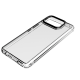 Low-angle view of a transparent phone case lying flat, showcasing a glossy finish and black button accents.