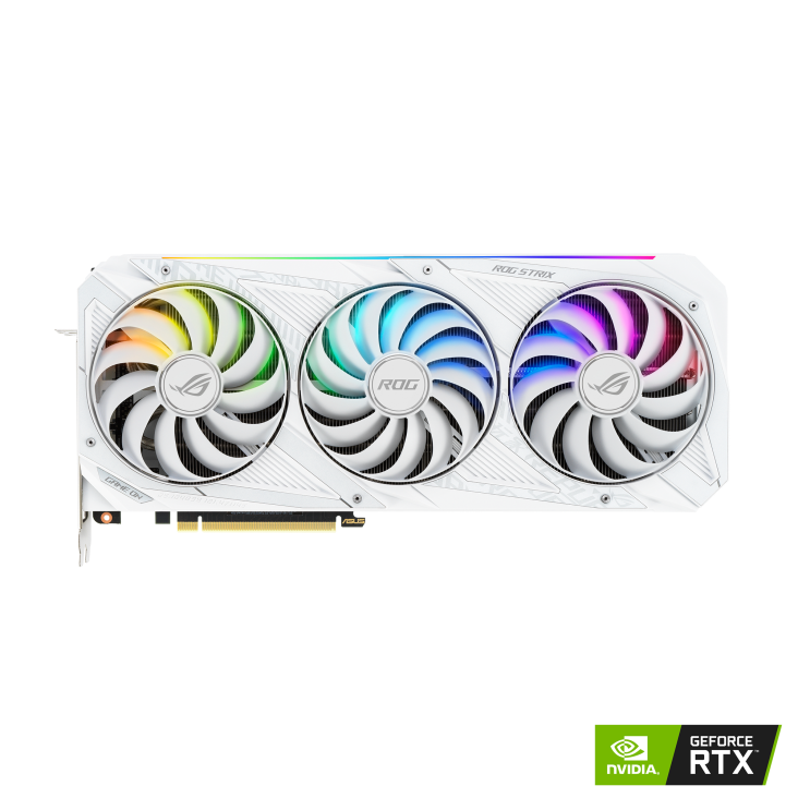 ROG-STRIX-RTX3070-O8G-WHITE-V2 graphics card, front view with NVIDIA logo