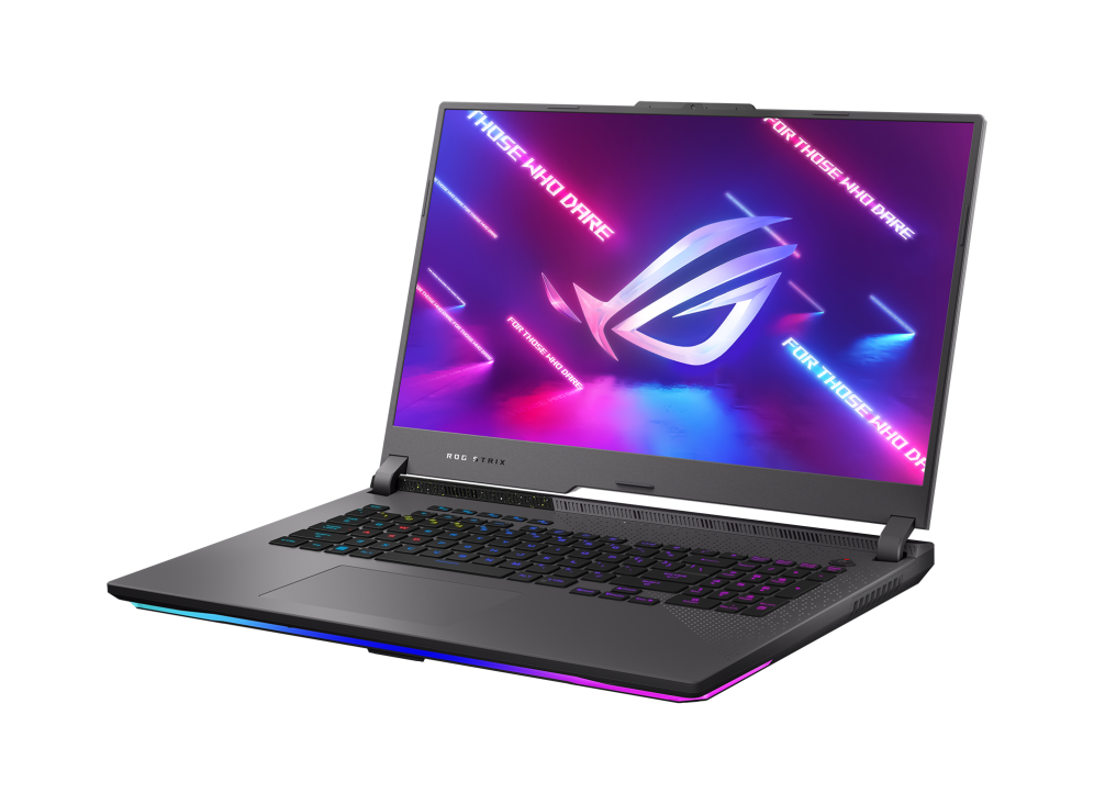 Off centered shot of the front side of the Strix G17 with ROG Fearless Eye logo on screen