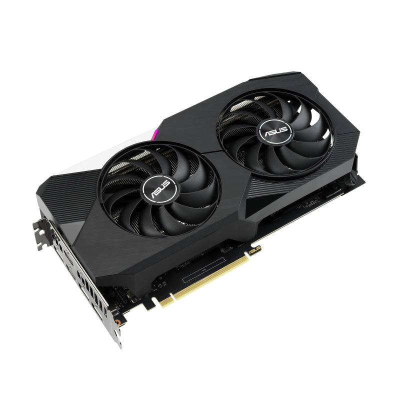 Dual GeForce RTX 3060 Ti OC Edition graphics card, front angled view, highlighting the fans, I/O ports