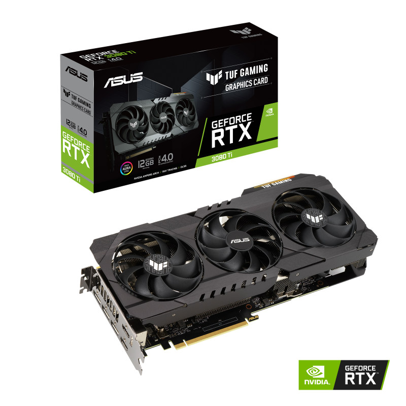 TUF Gaming GeForce RTX™ 3080 Ti Packaging and graphics card with NVIDIA logo