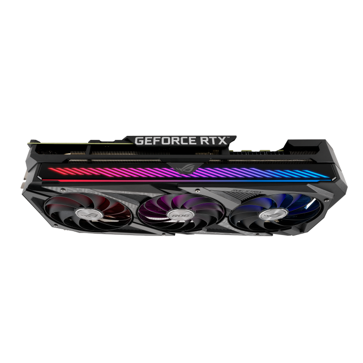 ROG-STRIX-RTX3070TI-O8G-GAMING graphics card, top view, highlighting the ARGB element